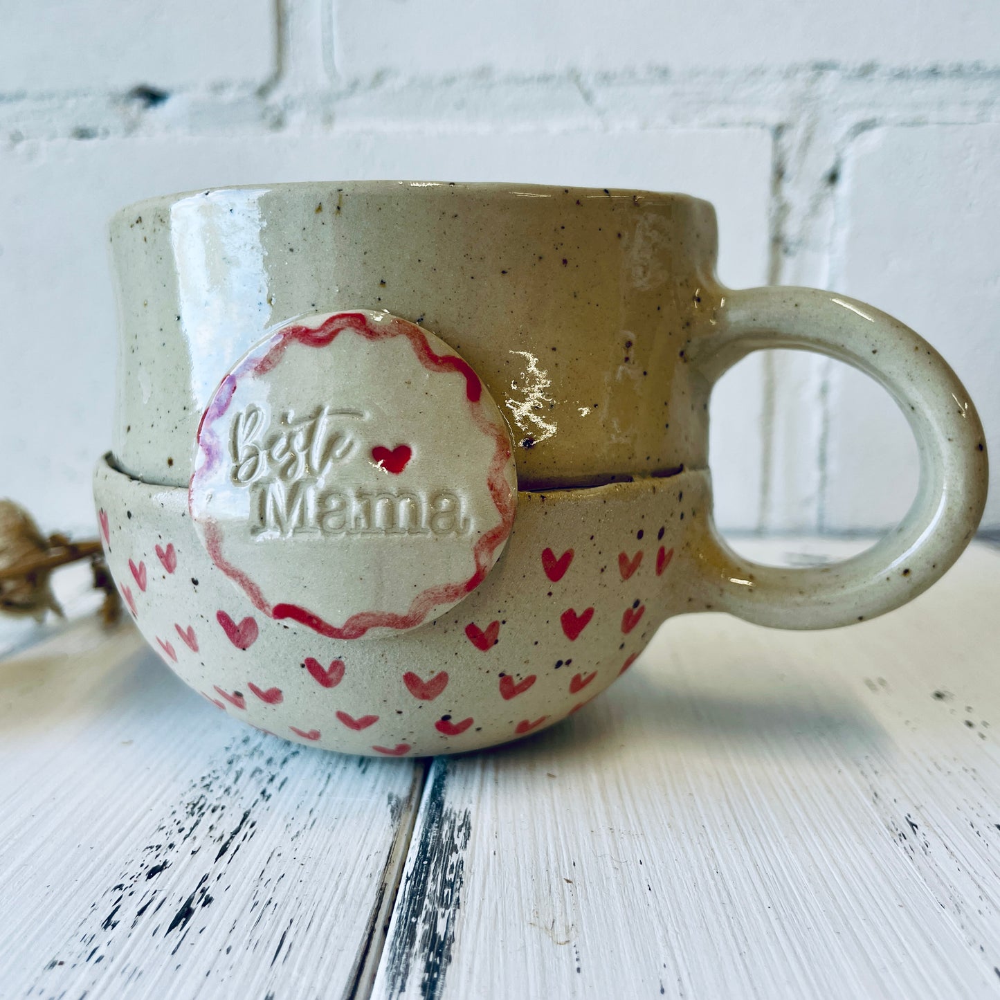 Becher mit Sprechblase "Beste Mama" – Rohling zum Keramikmalen, Ton mit Spots