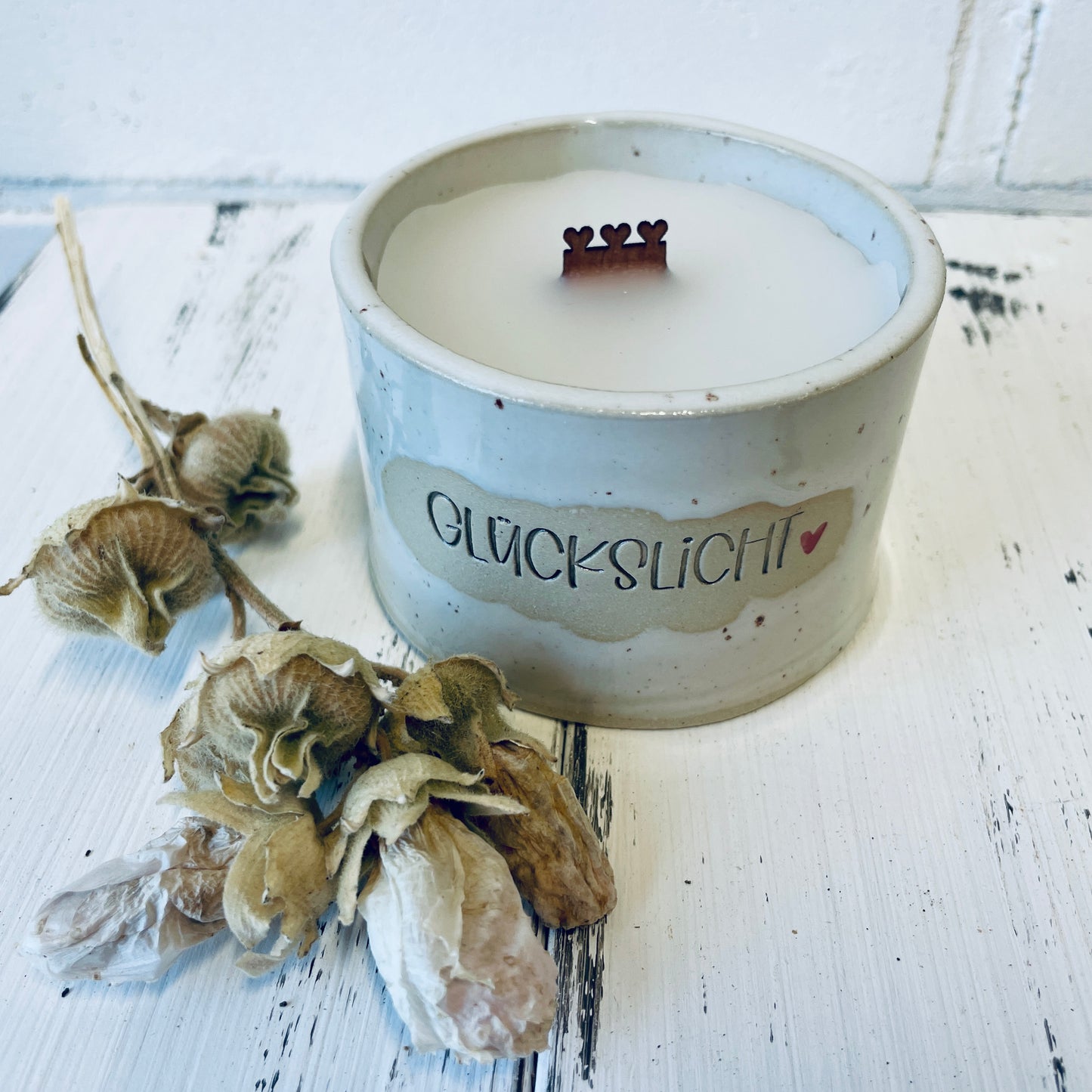 Keramik-Kerze mit Spruch – „glückslicht“