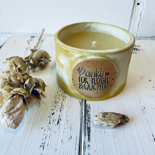 Kerzenbecher „Danke für Flügel & Wurzeln“ – handgemacht & voller Bedeutung