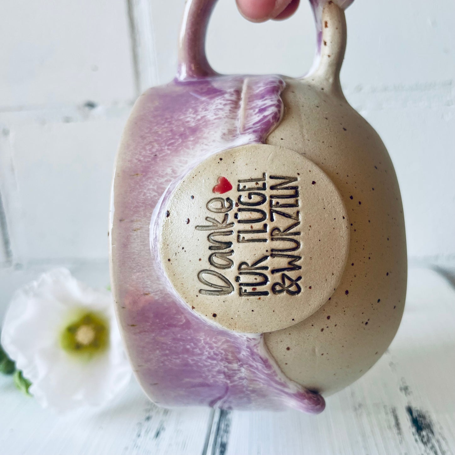 Handgemachte Keramiktasse – „Danke für Flügel & Wurzeln“, Geschenk für Lehrer oder Erzieher oder Eltern/Großeltern