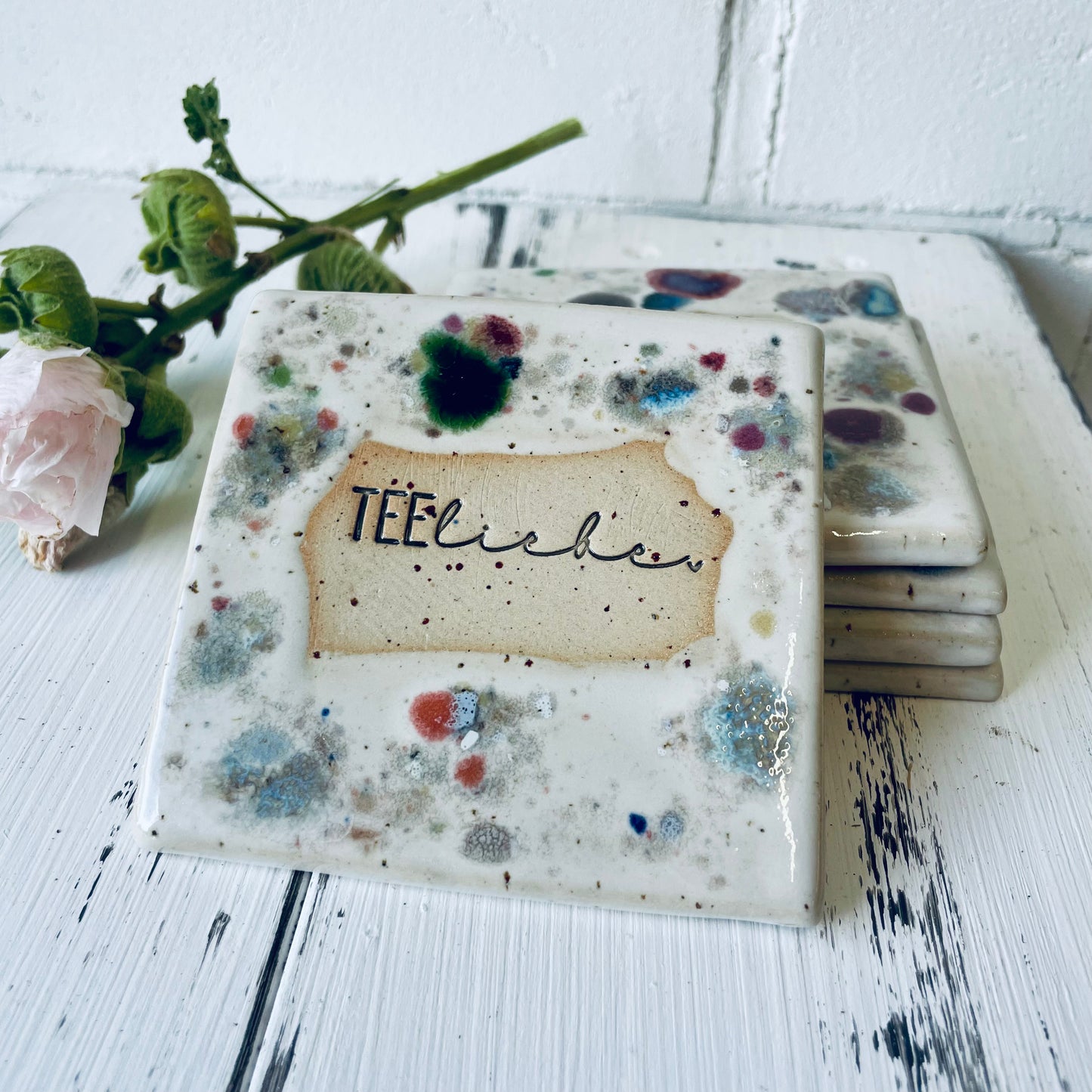 Handgemachte Keramik-Untersetzer mit Sprüchen für Kaffee- & Teeliebhaber, Teeparty