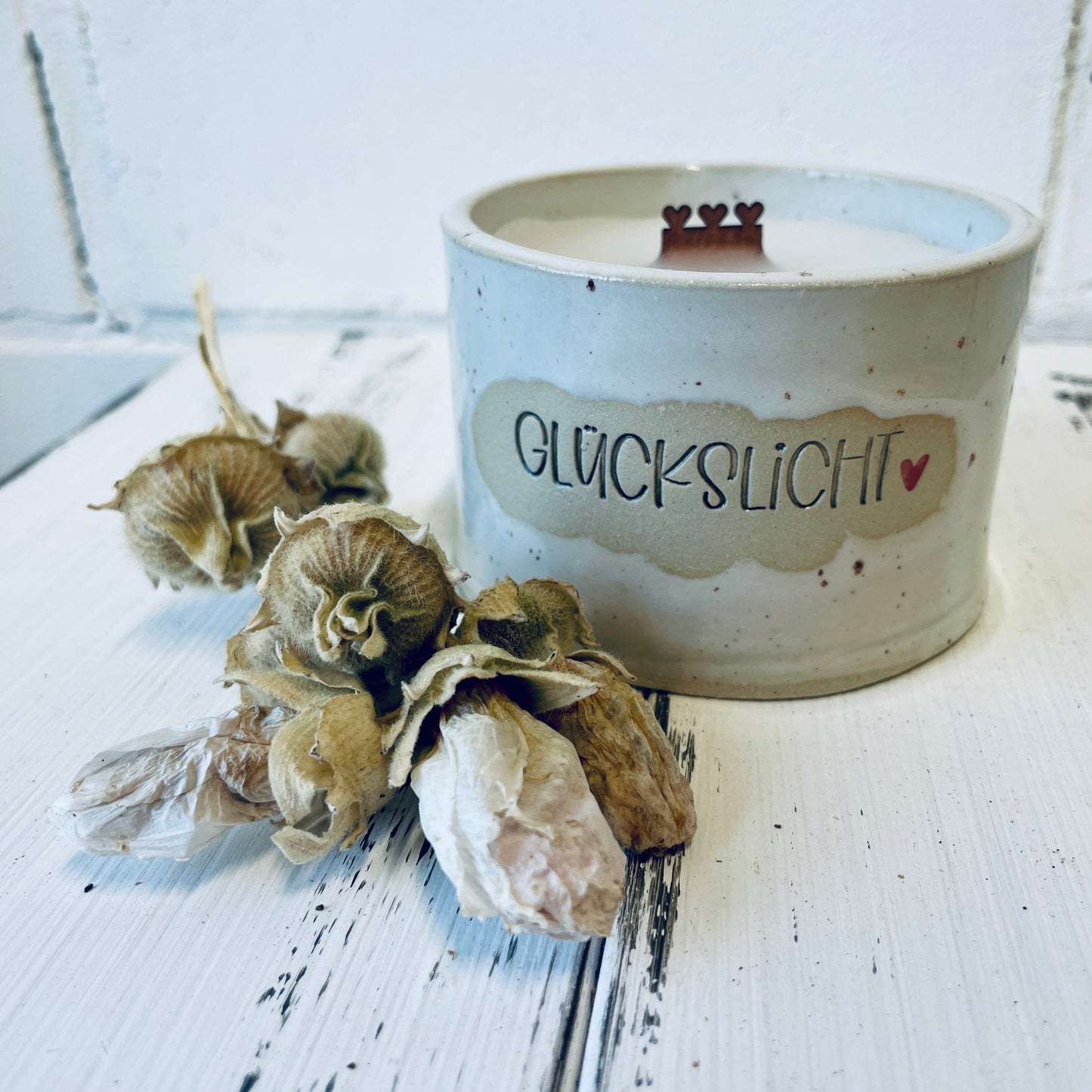 Keramik-Kerze mit Spruch – „glückslicht“