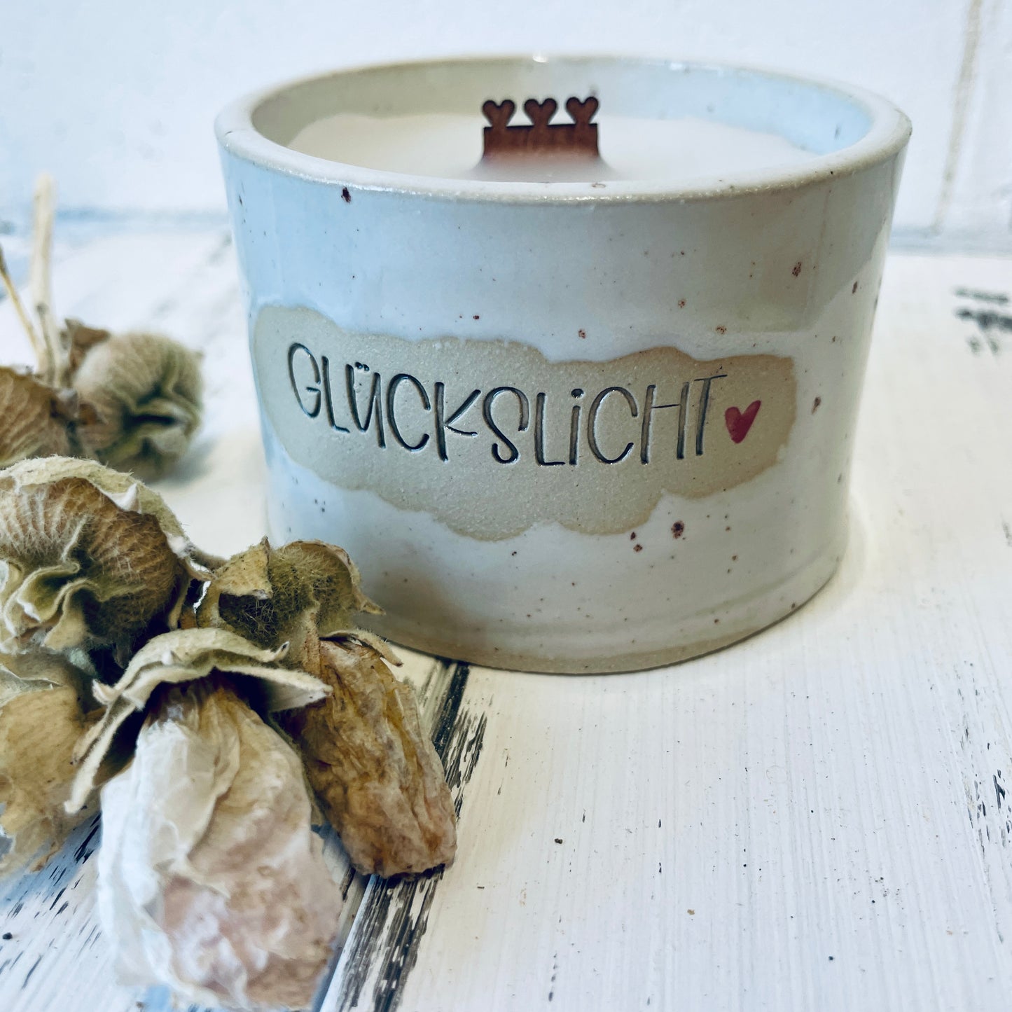 Keramik-Kerze mit Spruch – „glückslicht“