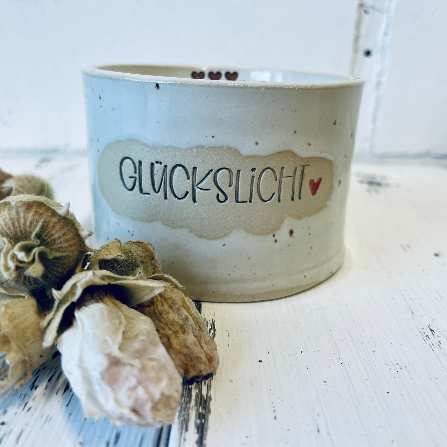 Keramik-Kerze mit Spruch – „glückslicht“