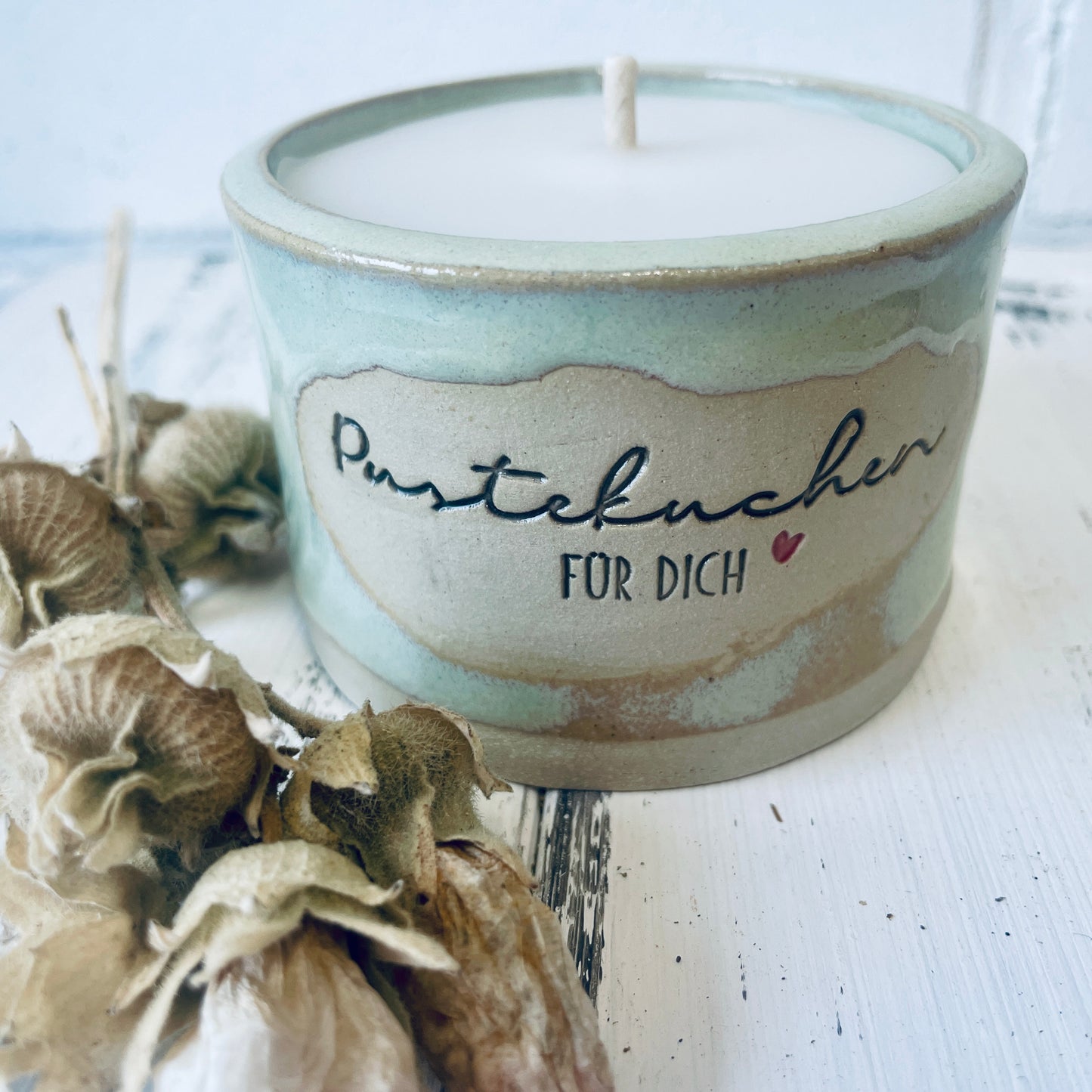 Keramik-Kerze mit Spruch – „Pustekuchen für dich“