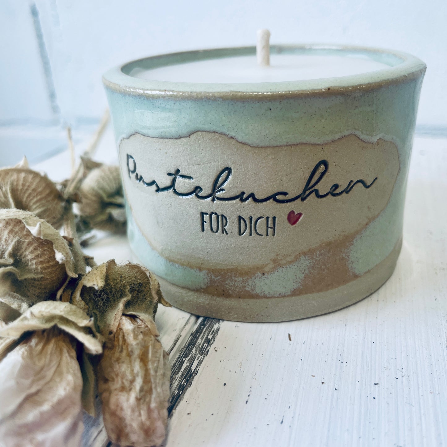 Keramik-Kerze mit Spruch – „Pustekuchen für dich“