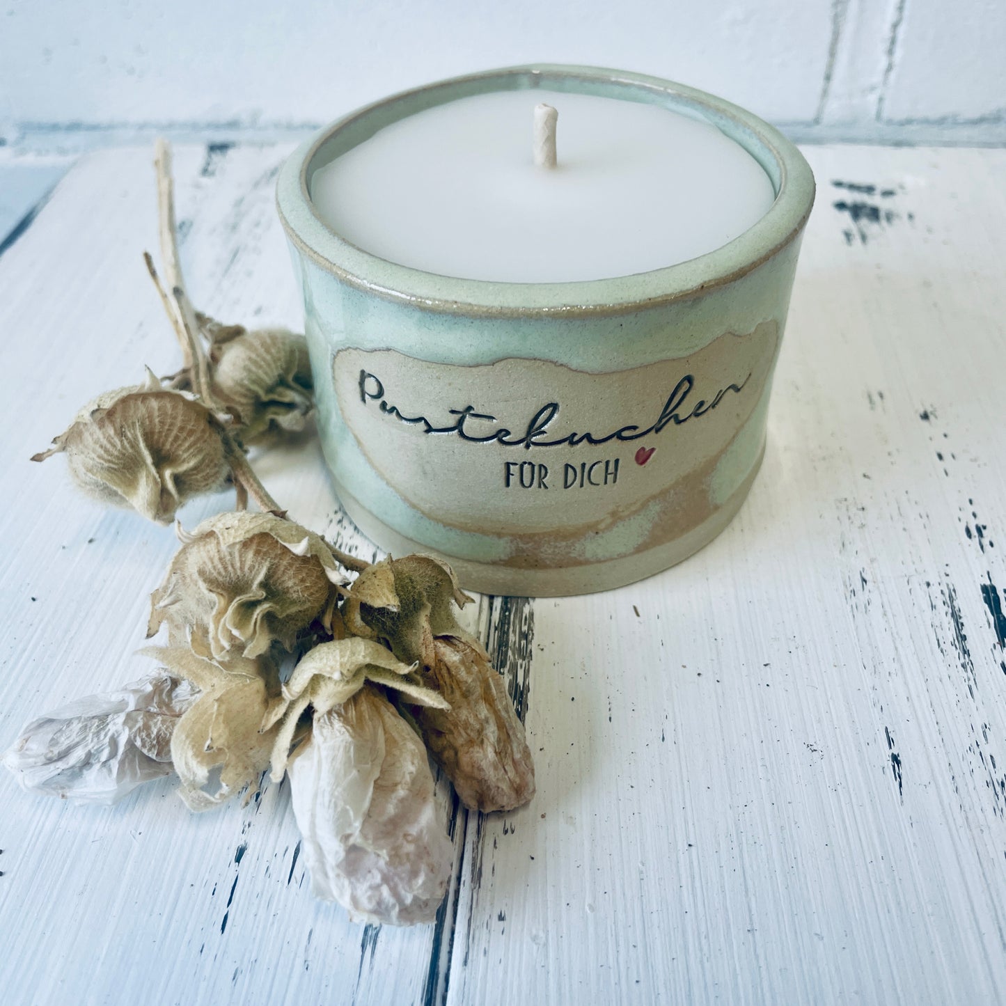 Keramik-Kerze mit Spruch – „Pustekuchen für dich“