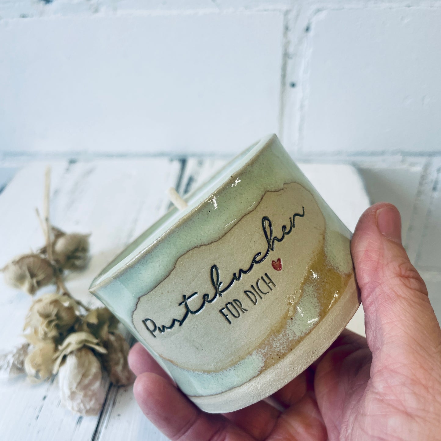 Keramik-Kerze mit Spruch – „Pustekuchen für dich“