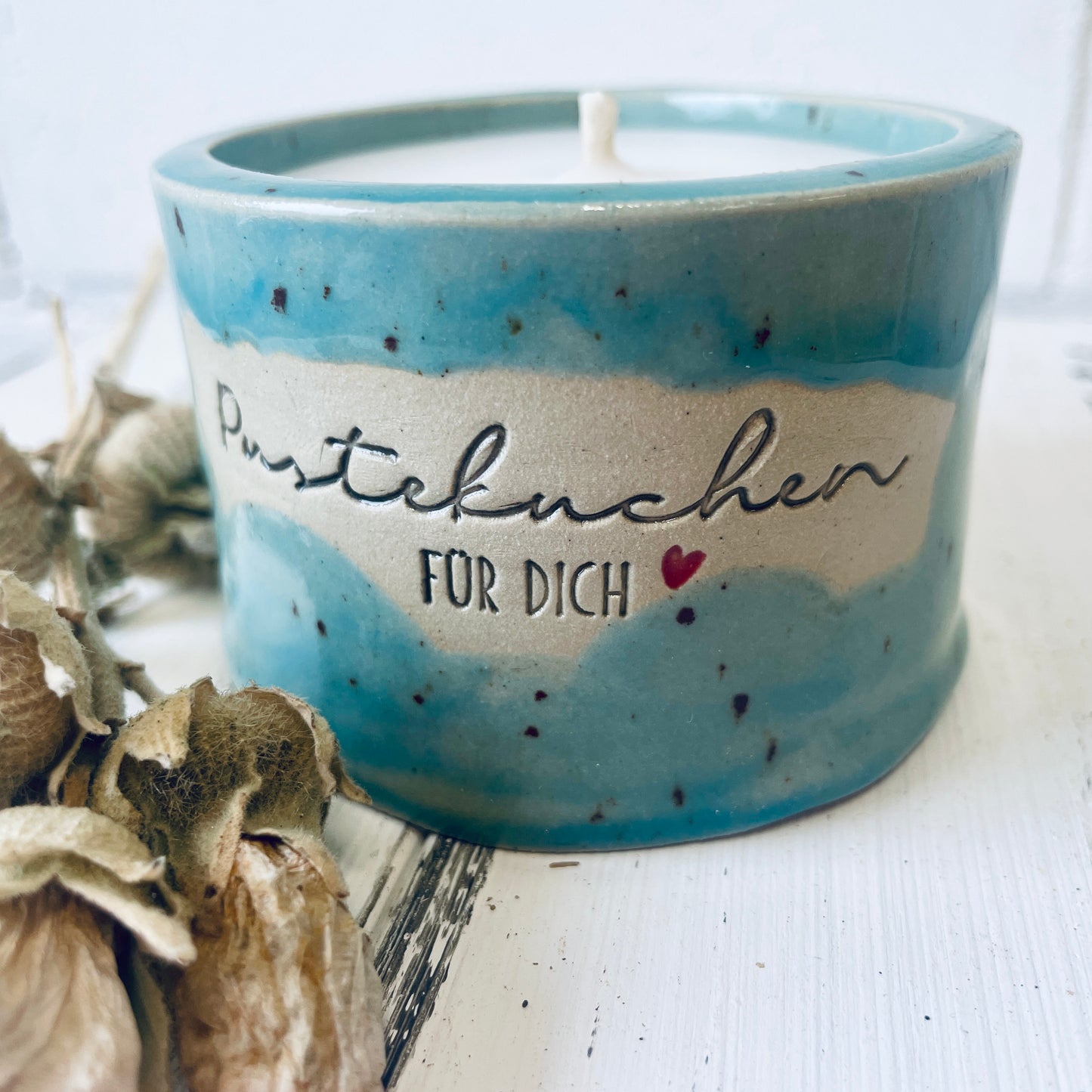 Keramik-Kerze mit Spruch – „Pustekuchen für dich“