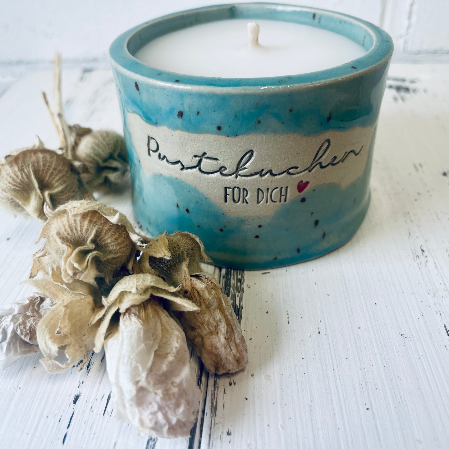 Keramik-Kerze mit Spruch – „Pustekuchen für dich“