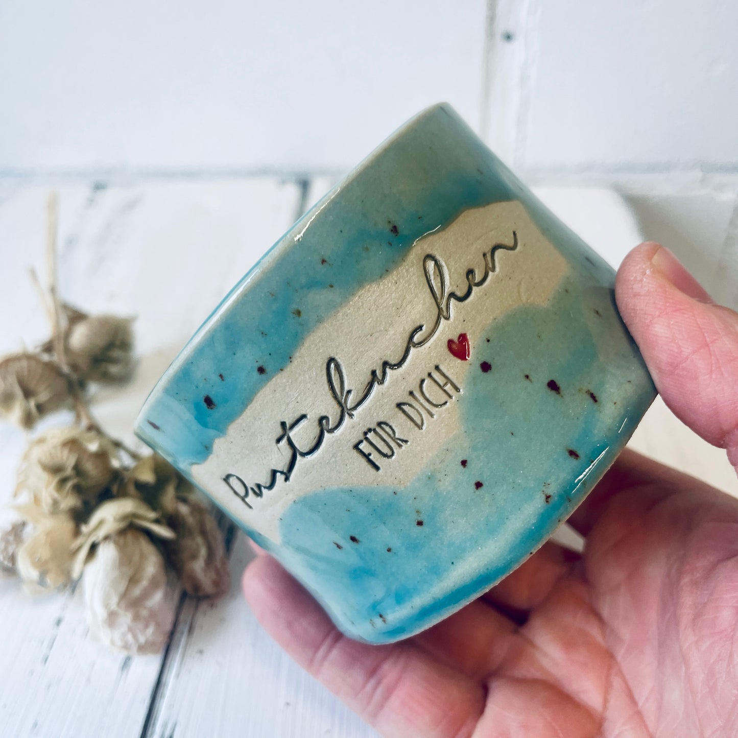 Keramik-Kerze mit Spruch – „Pustekuchen für dich“